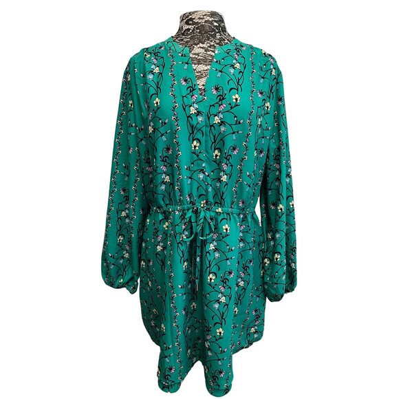 Maison Jules Floral Fit Flare Mini Dress Green Long Blouson Sleeves V-Neck XXL - Picture 2 of 16